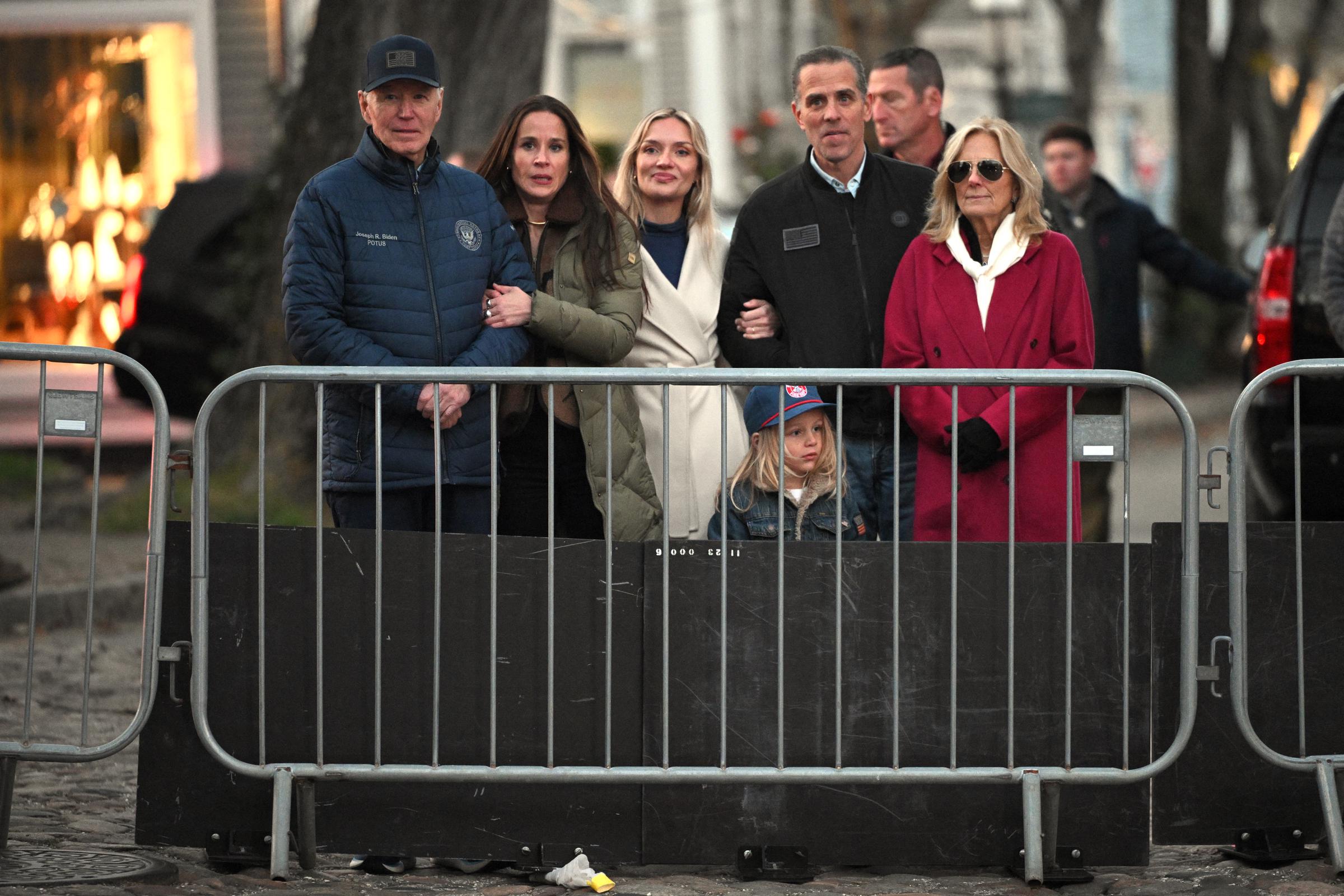 US President Joe Biden stands with Ashley Biden, Melissa Cohen Biden, Beau Biden Jr., Hunter Biden, and US First Lady Jill Biden to view a Christmas tree lighting in Nantucket, Massachusetts, on November 29, 2024 | Source: Getty Images