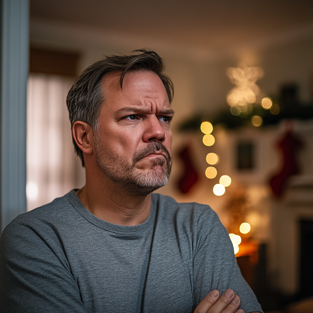 A confused and upset man standing in the living room during Christmastime | Source: Midjourney