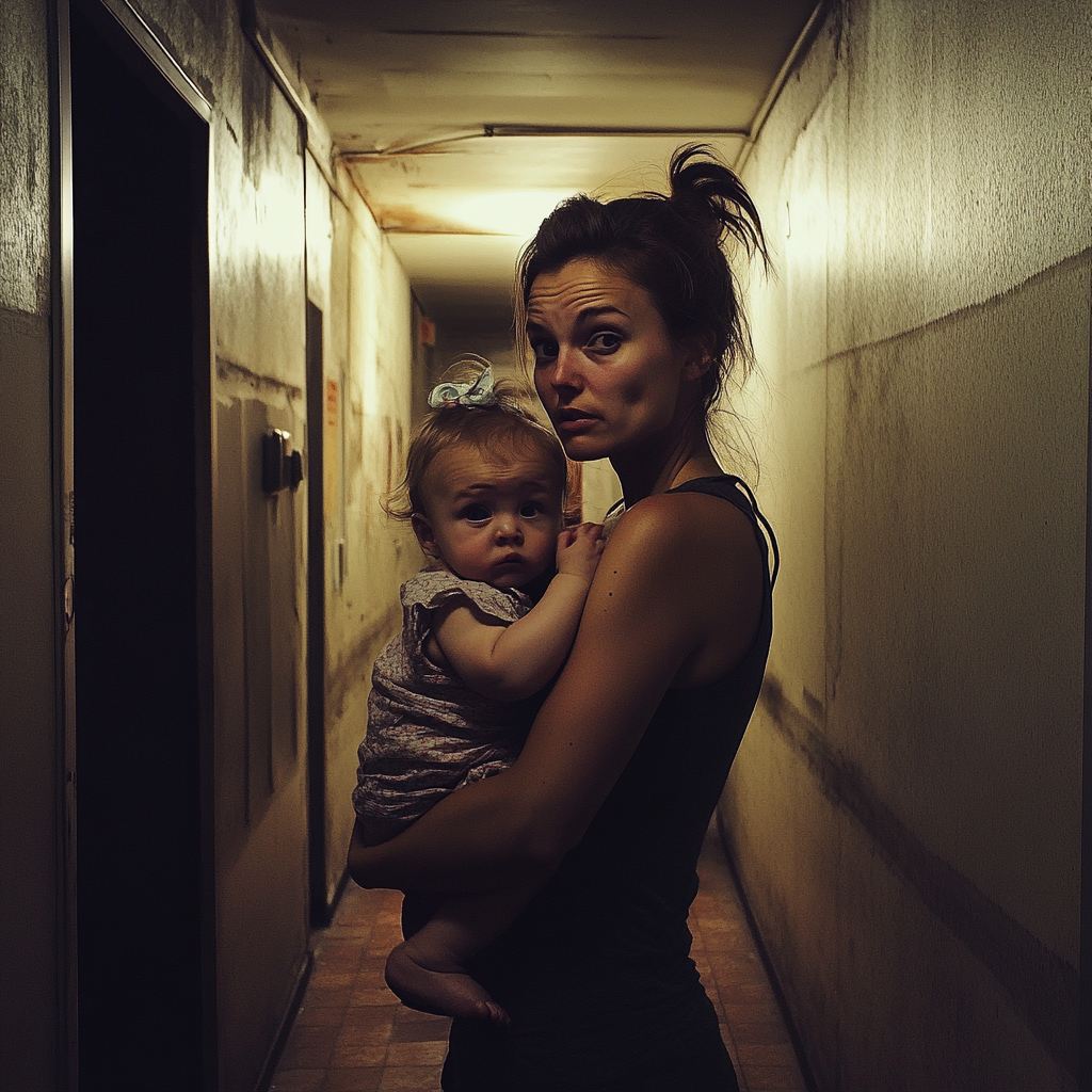 A woman and her toddler in a hallway | Source: Midjourney