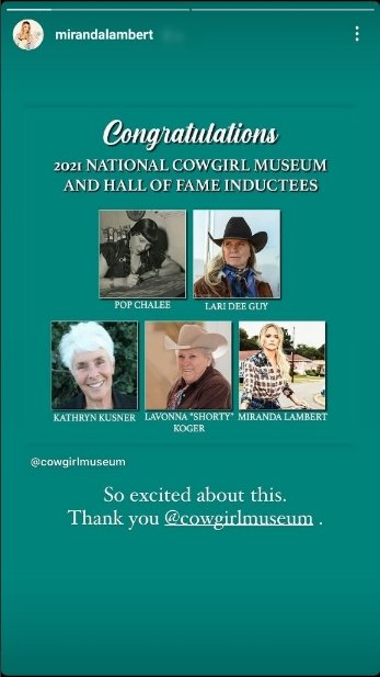 Miranda Lambert respond to news of her induction into the National Cowgirld Museumm and Hall of Fame. | Source: Instagram/mirandalambert.