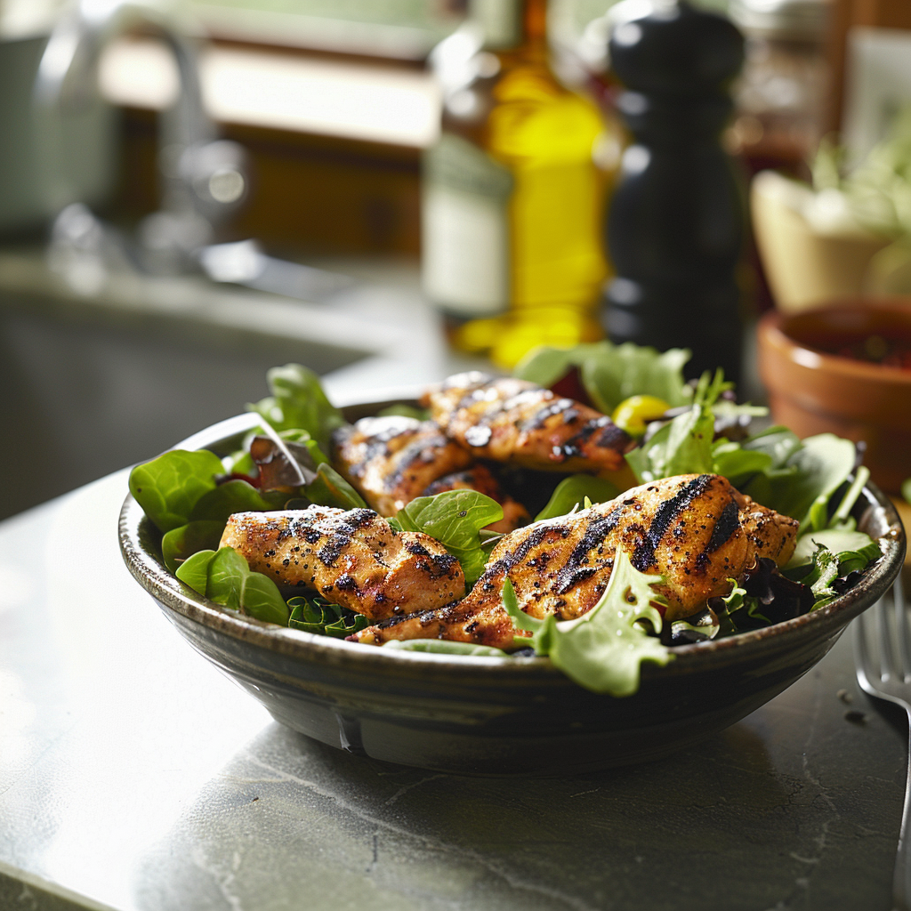 A salad with grilled chicken on a counter | Source: Midjourney