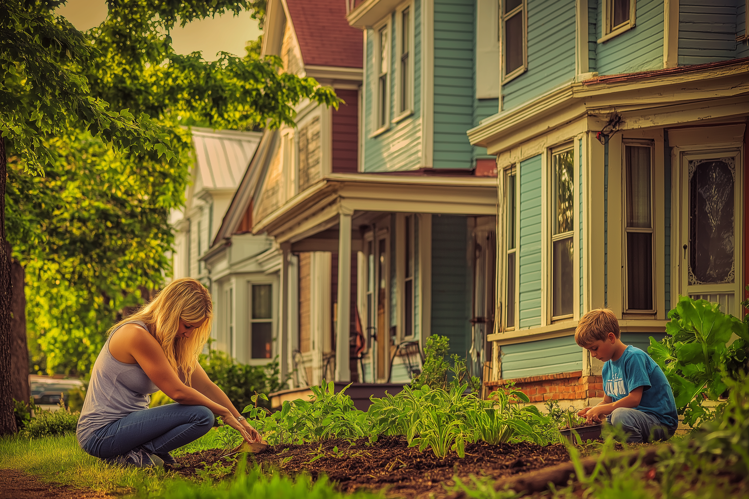 A woman and her son tending to a garden | Source: Midjourney