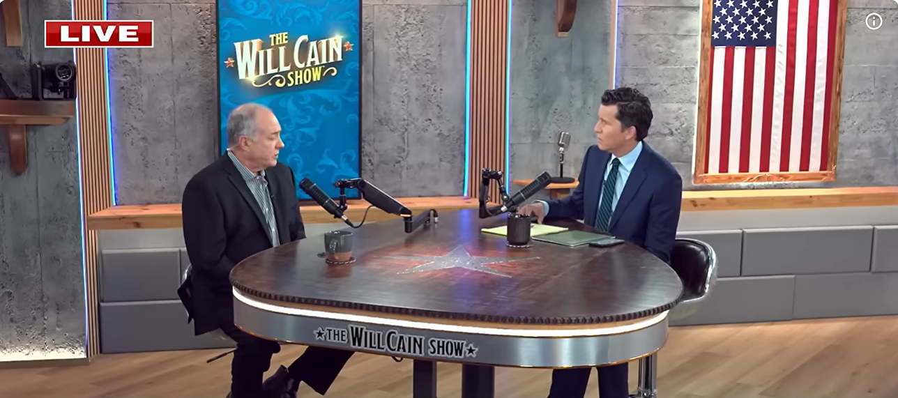 Jeff Metcalf (left) speaks with Will Cain on "The Will Cain Show," where he reflected on attending a press conference in hopes of finding accountability and healing following the death of his son, Austin. | Source: YouTube/Fox News