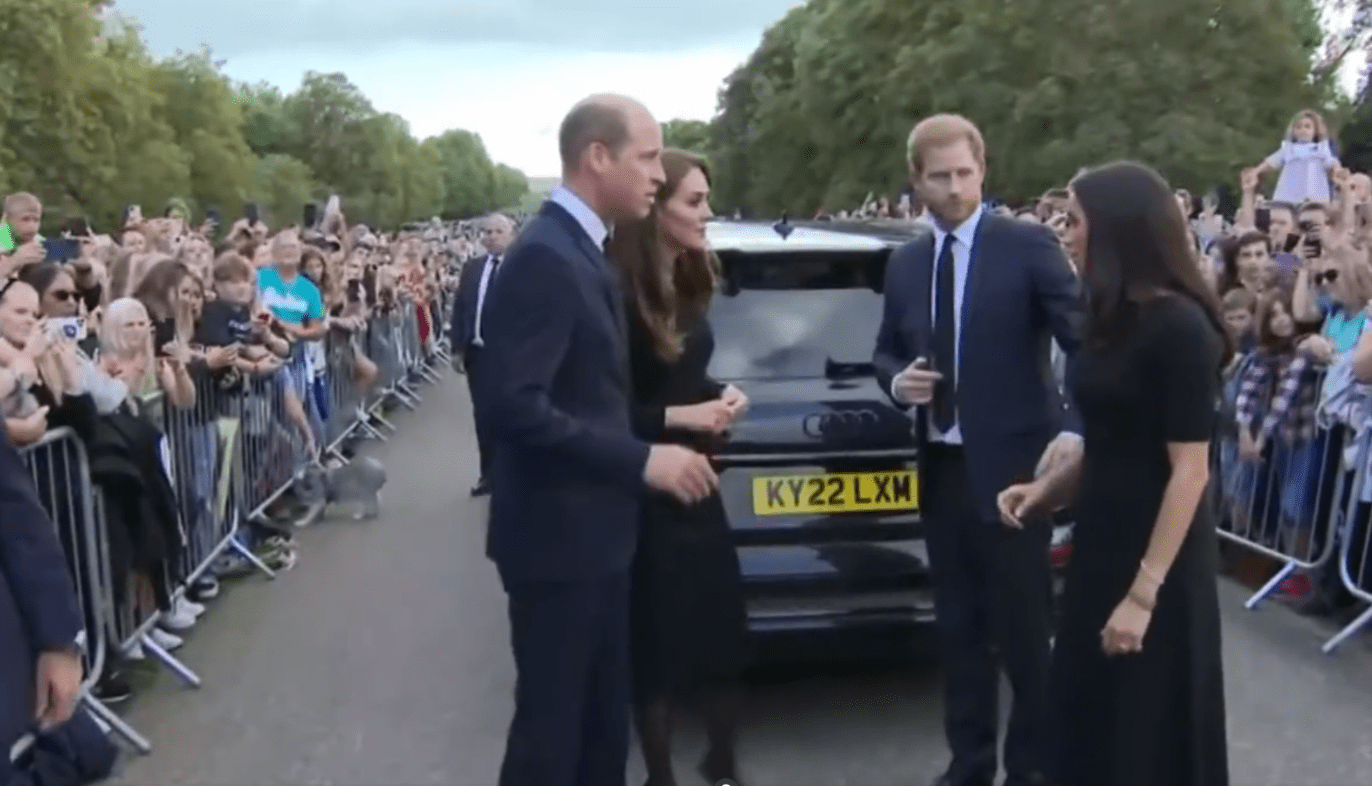 Catherine, Princess of Wales, Prince William, Prince of Wales, Prince Harry, Duke of Sussex, and Meghan, Duchess of Sussex arrive at the long Walk at Windsor Castle on September 10, 2022 in Windsor, England | Source: Twitter.com/scobie