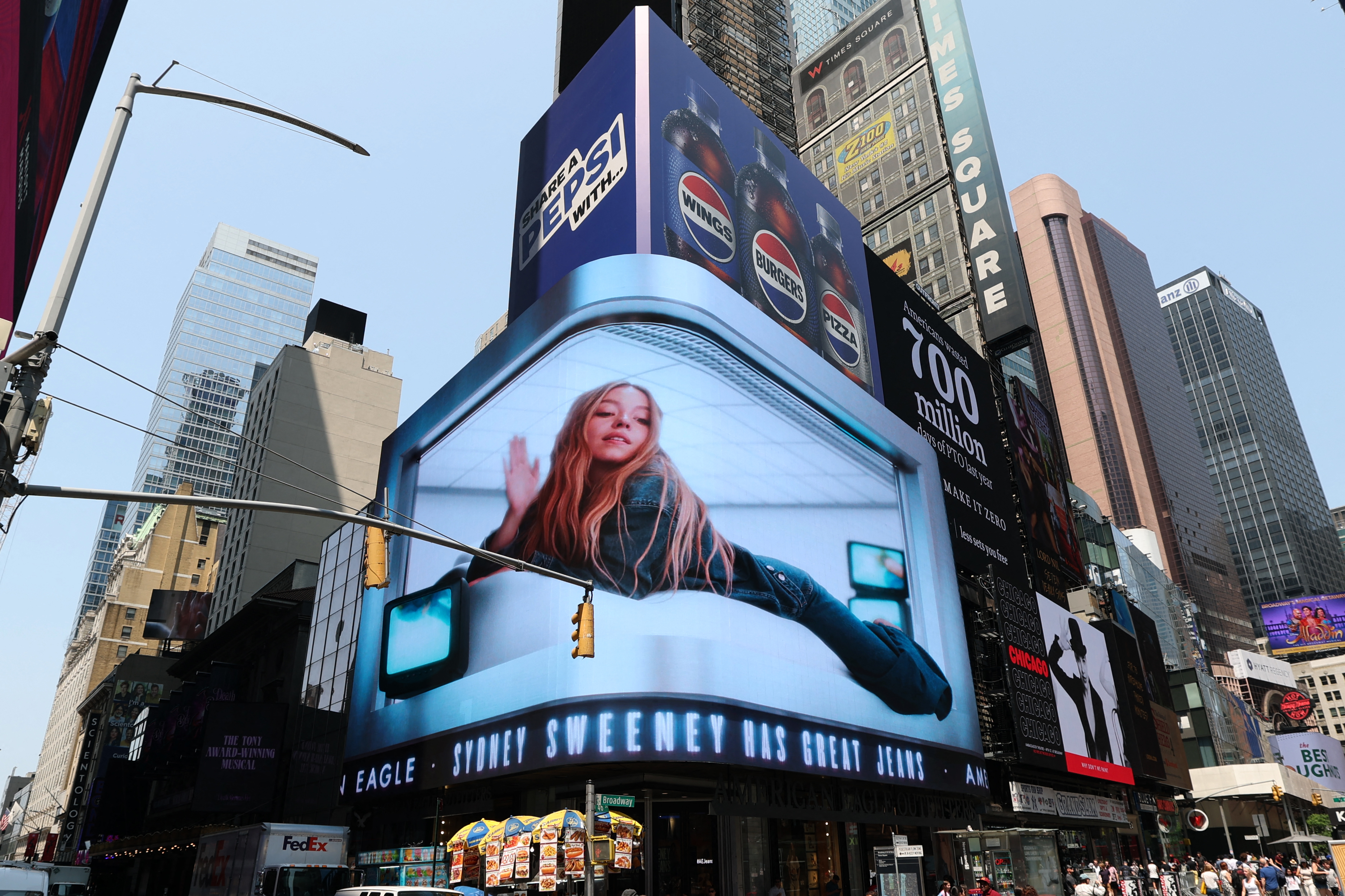 A digital advertising display featuring Sydney Sweeney is seen outside an American Eagle store in Times Square, New York City on August 4, 2025 | Source: Getty Images