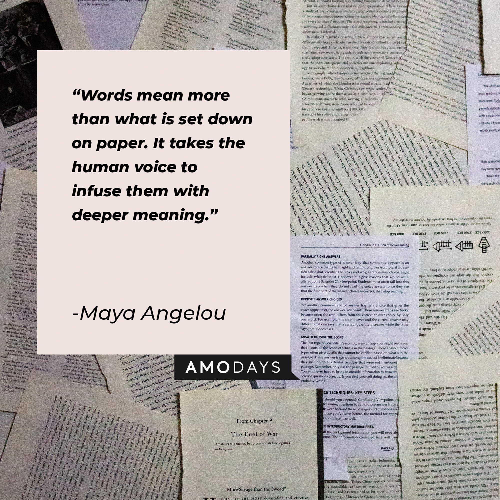  Maya Angelou’s quote: "Words mean more than what is set down on paper. It takes the human voice to infuse them with deeper meaning."  | Image: AmoDays
