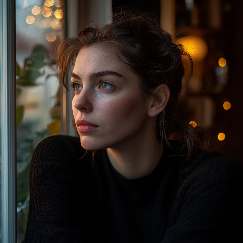 A thoughtful woman looking out the window | Source: Midjourney