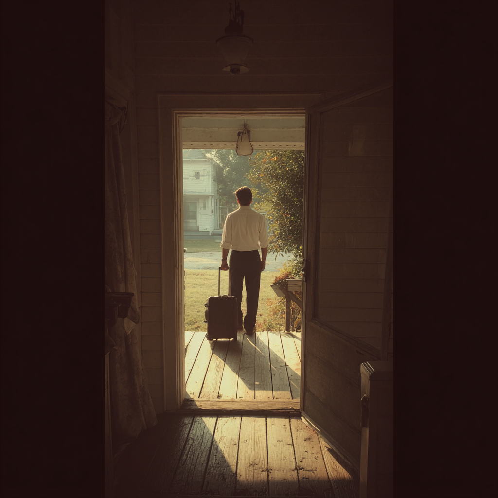 A man standing on a porch with a suitcase | Source: Midjourney