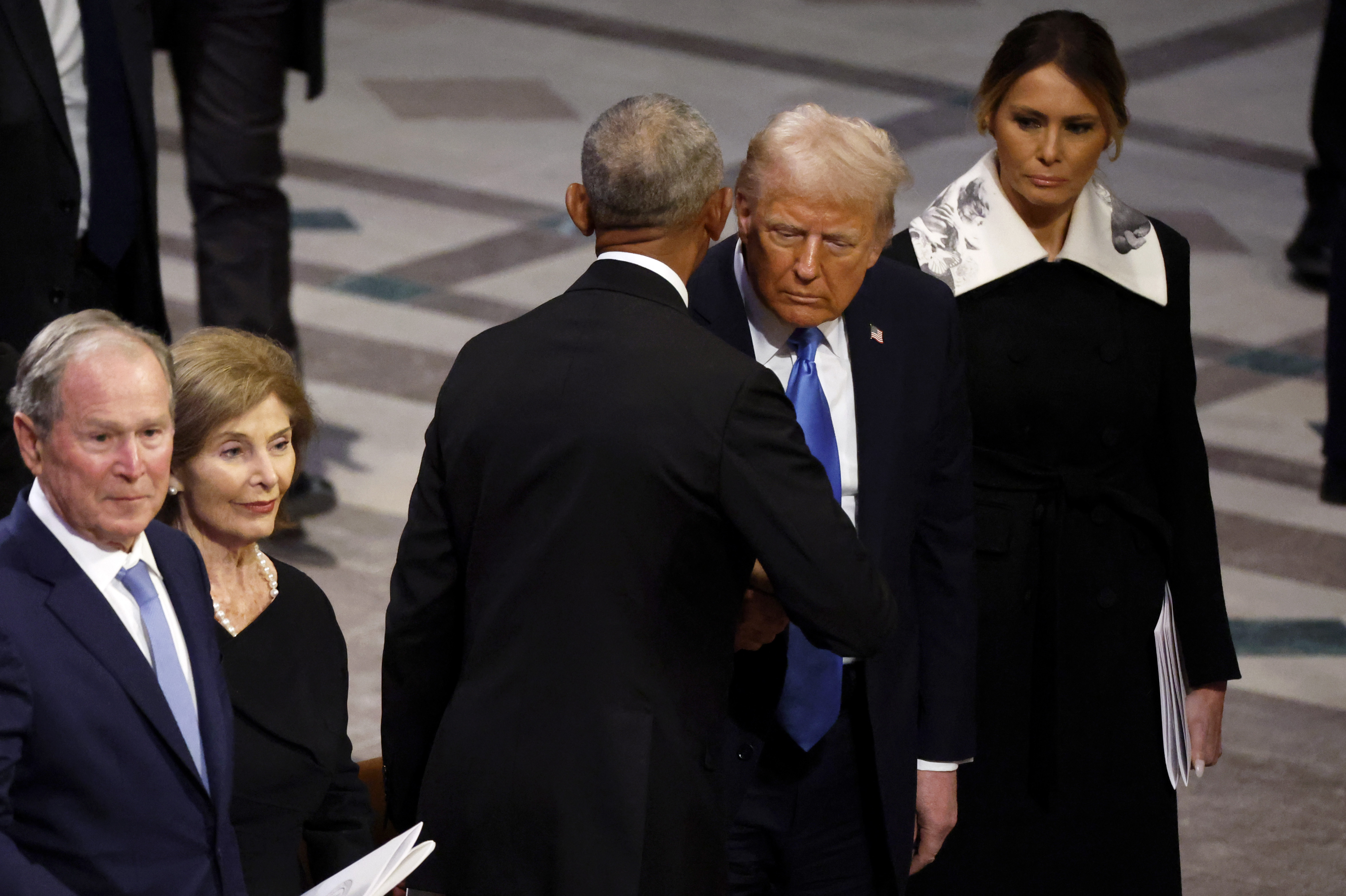 George W. Bush, Laura Bush, Barack Obama, President-elect Donald Trump, and incoming first lady Melania Trump at the state funeral for former President Jimmy Carter at Washington National Cathedral on January 9, 2025, in Washington, D.C. | Source: Getty Images