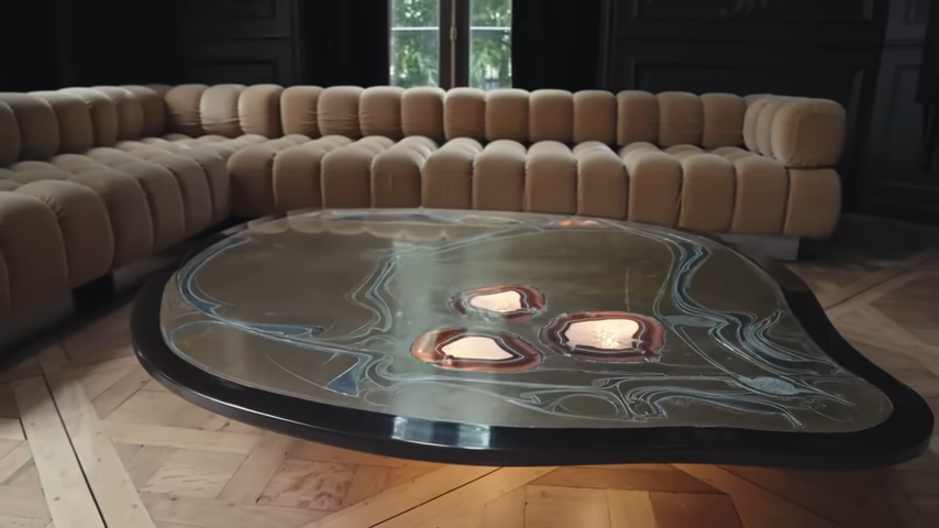 A close-up of the organic-shaped coffee table inlaid with polished, glowing agate gemstones. | Source: YouTube/@Archdigest