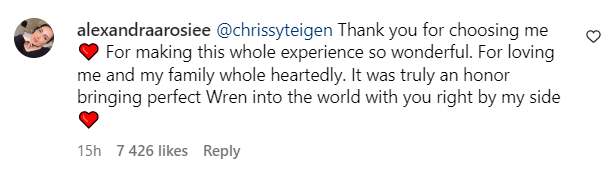 A screenshot of Alexandra's reply to Chrissy Teigen's announcement post posted on June 28, 2023 | Source: Instagram.com/@chrissyteigen