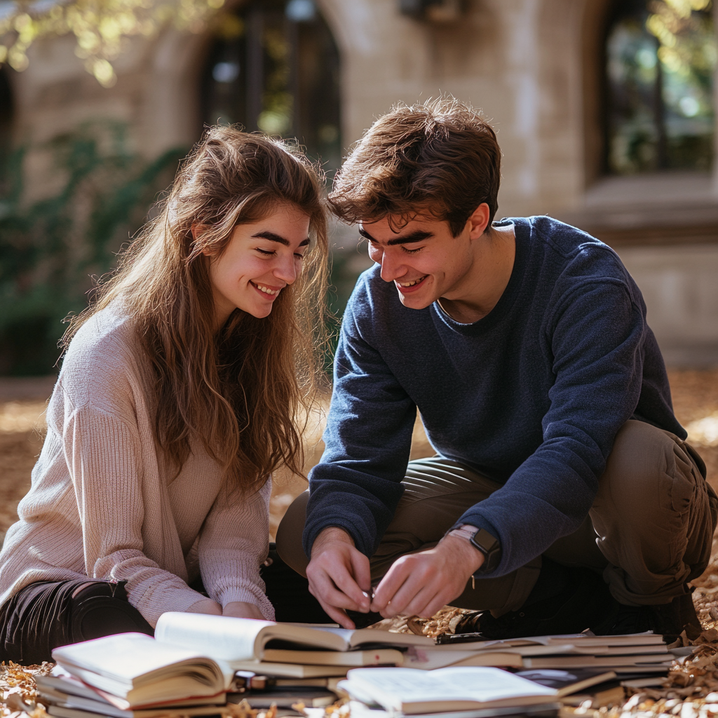 A young couple kneels down to pick up fallen books on a college campus | Source: Midjourney