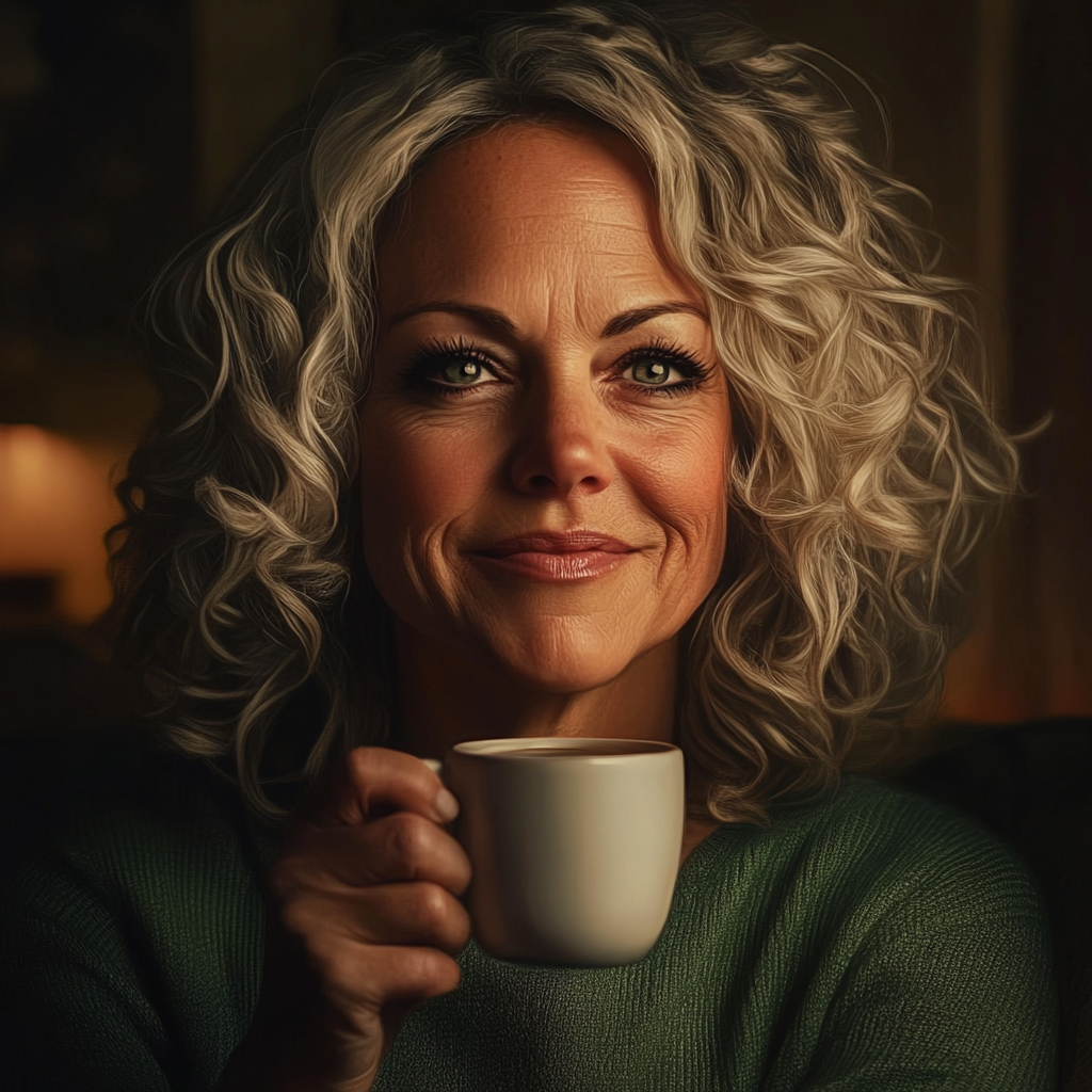 A woman holding a coffee cup and smiling | Source: Midjourney