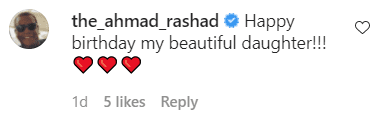 A screenshot of Ahmad Rashad commenting on Ana Luz's post celebrating their daughter on Instagram | Photo : Instagram/analuz