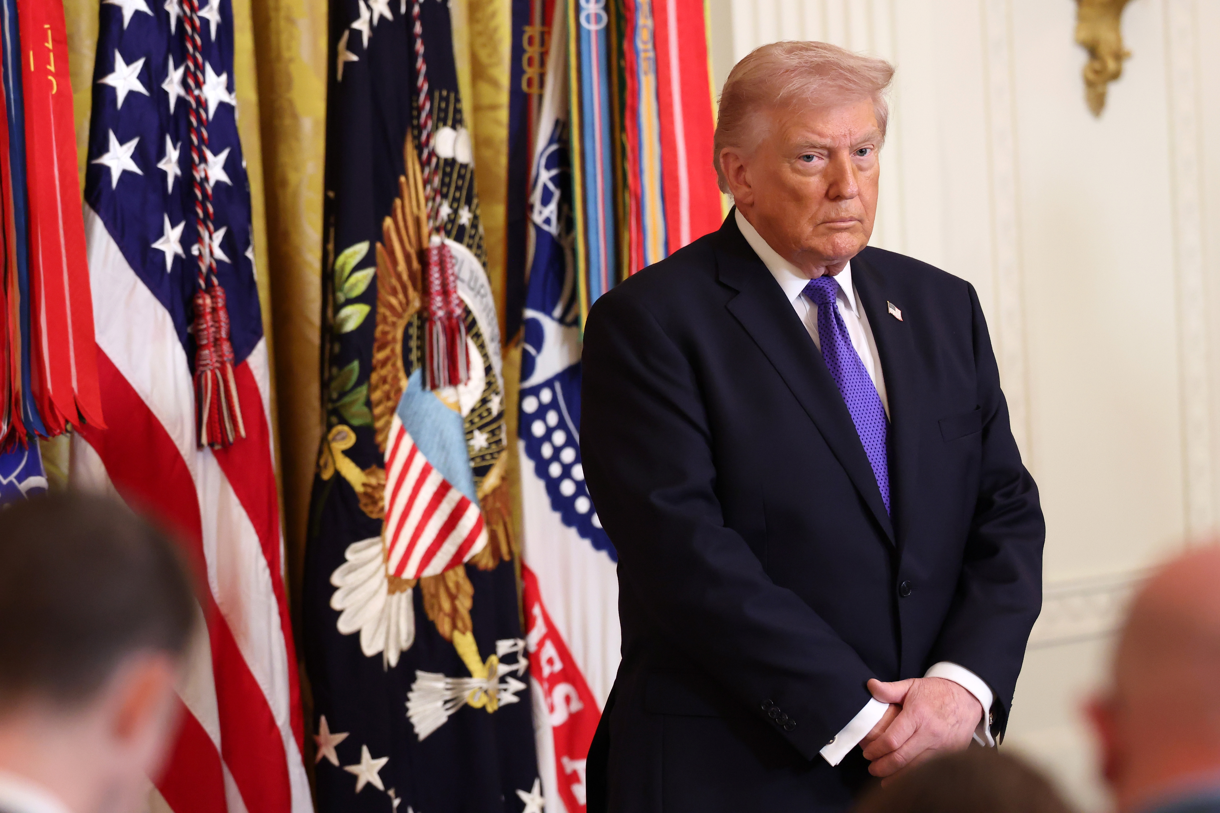 Donald Trump arrives for a Medal of Honor Ceremony in the East Room of the White House on March 2, 2026 in Washington, DC | Source: Getty Images