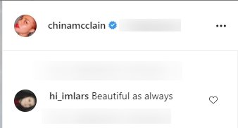 Fan's comment under a picture posted by China McClain on her Instagram page | Photo: Instagram/chinamcclain
