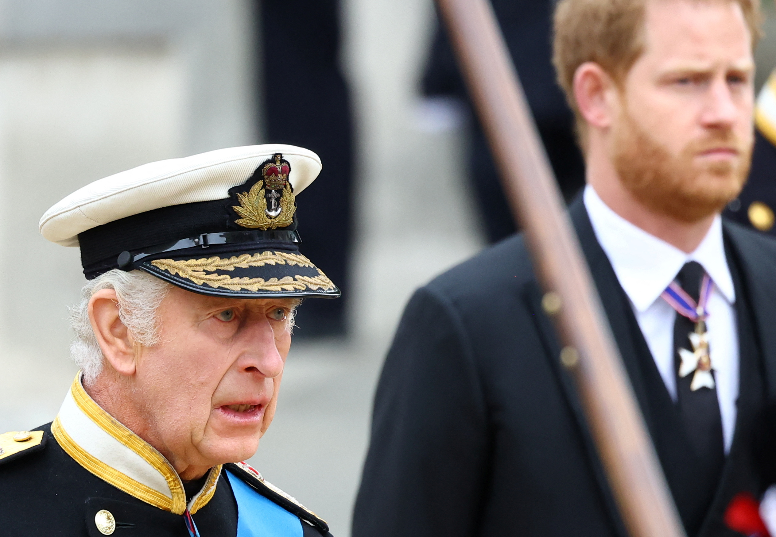 King Charles III and Prince Harry follow Queen Elizabeth II's coffin into Westminster Abbey on September 19, 2022 | Source: Getty Images