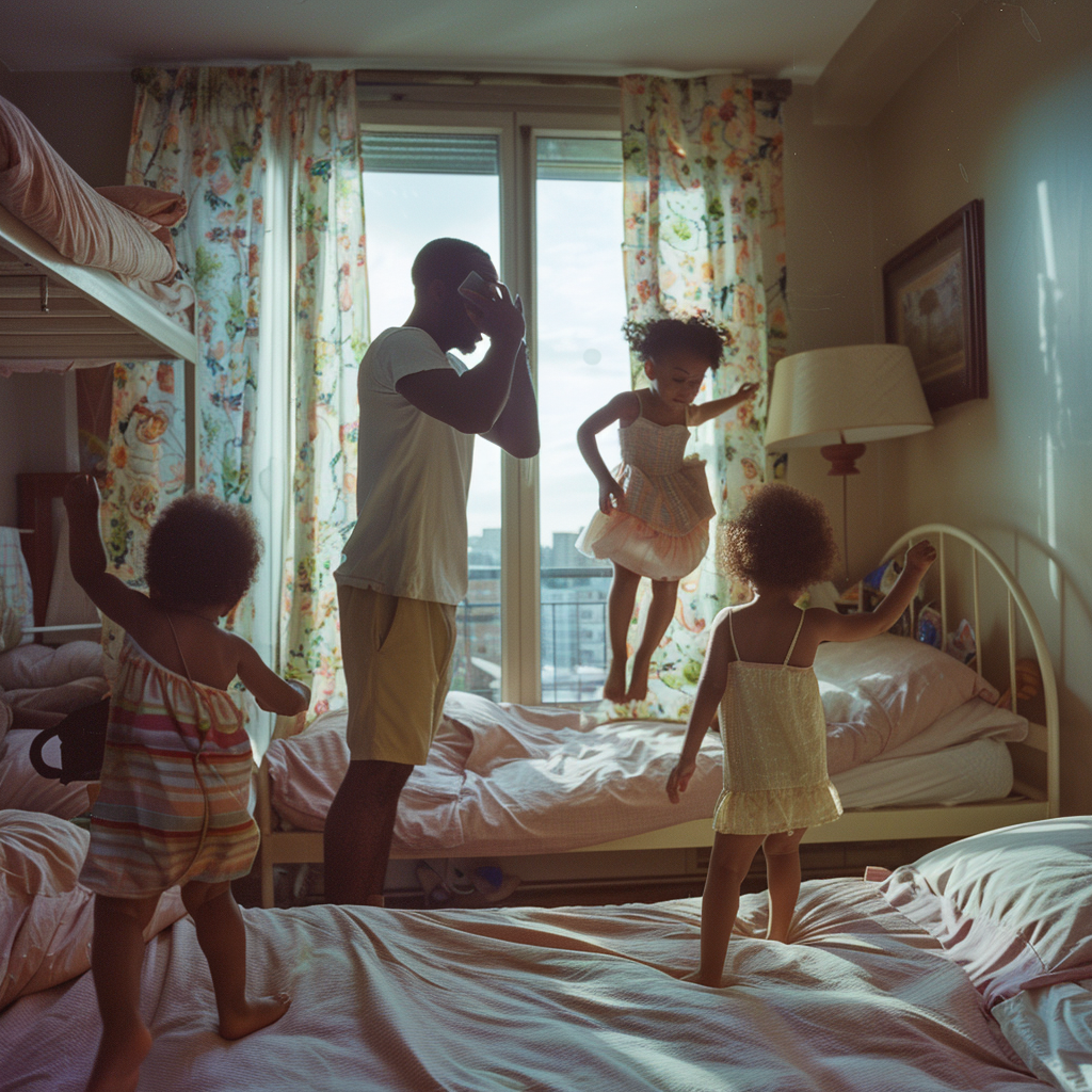 A father talking on the phone while his girls play on their beds | Source: Midjourney