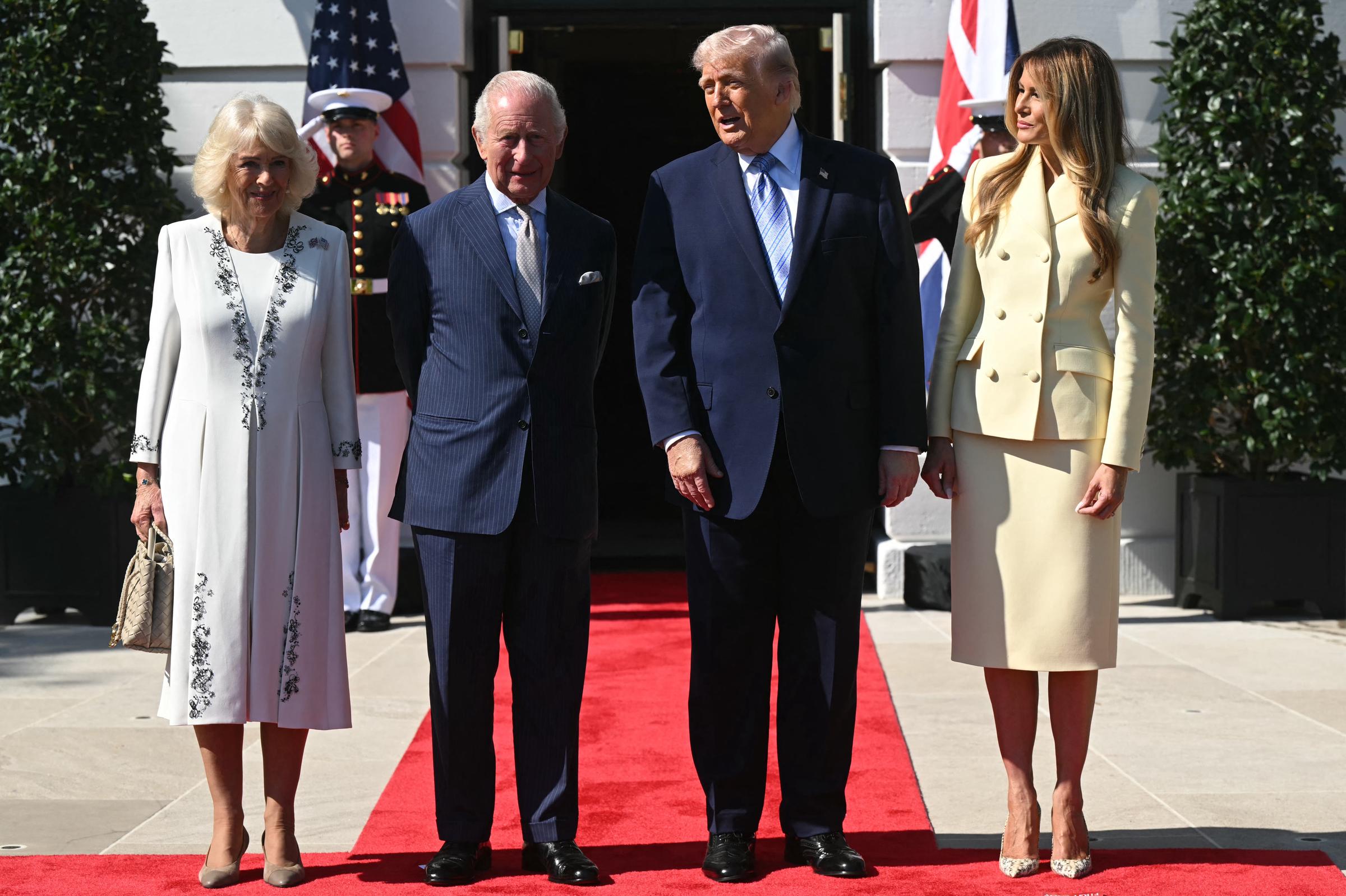 Queen Camilla, King Charles III, Melania, and Donald Trump upon arrival at the South Portico of the White House in Washington, DC, on April 27, 2026. | Source: Getty Images