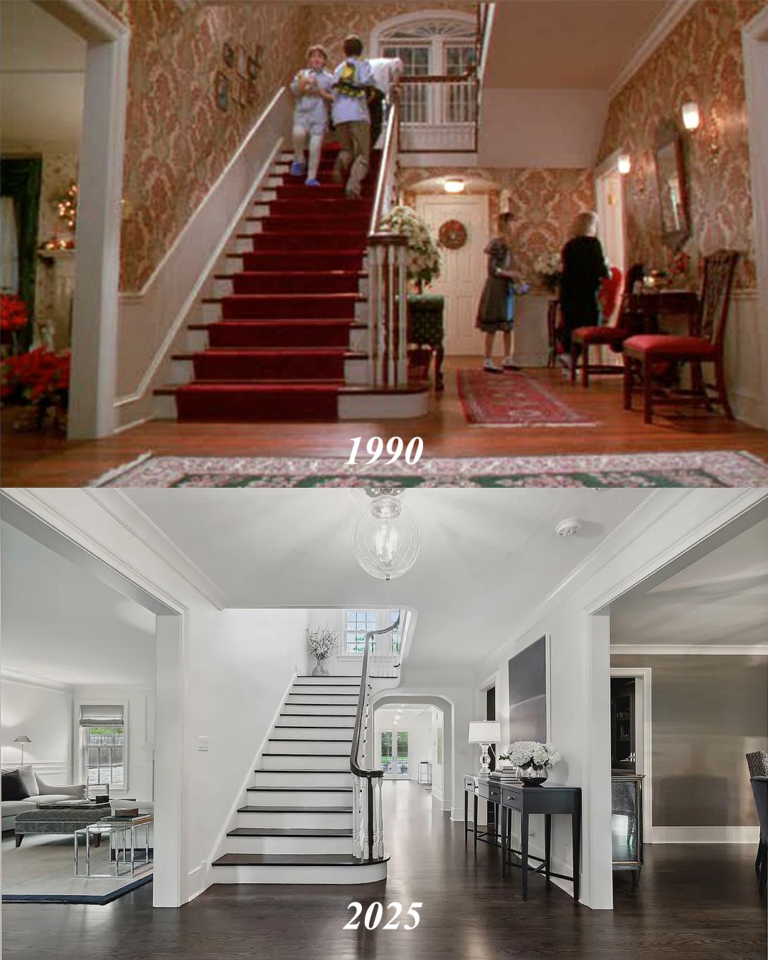 The once richly patterned foyer of "Home Alone" is barely recognizable in this transformation, as the famous staircase trades red carpet and holiday charm for airy white walls and sharp modern lighting. | Source: Instagram/kjp