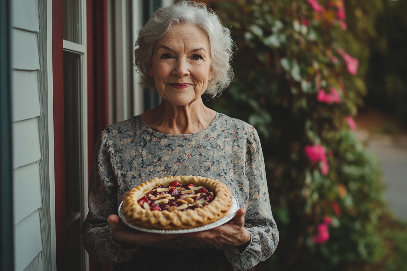 A woman holding a pie | Source: Midjourney