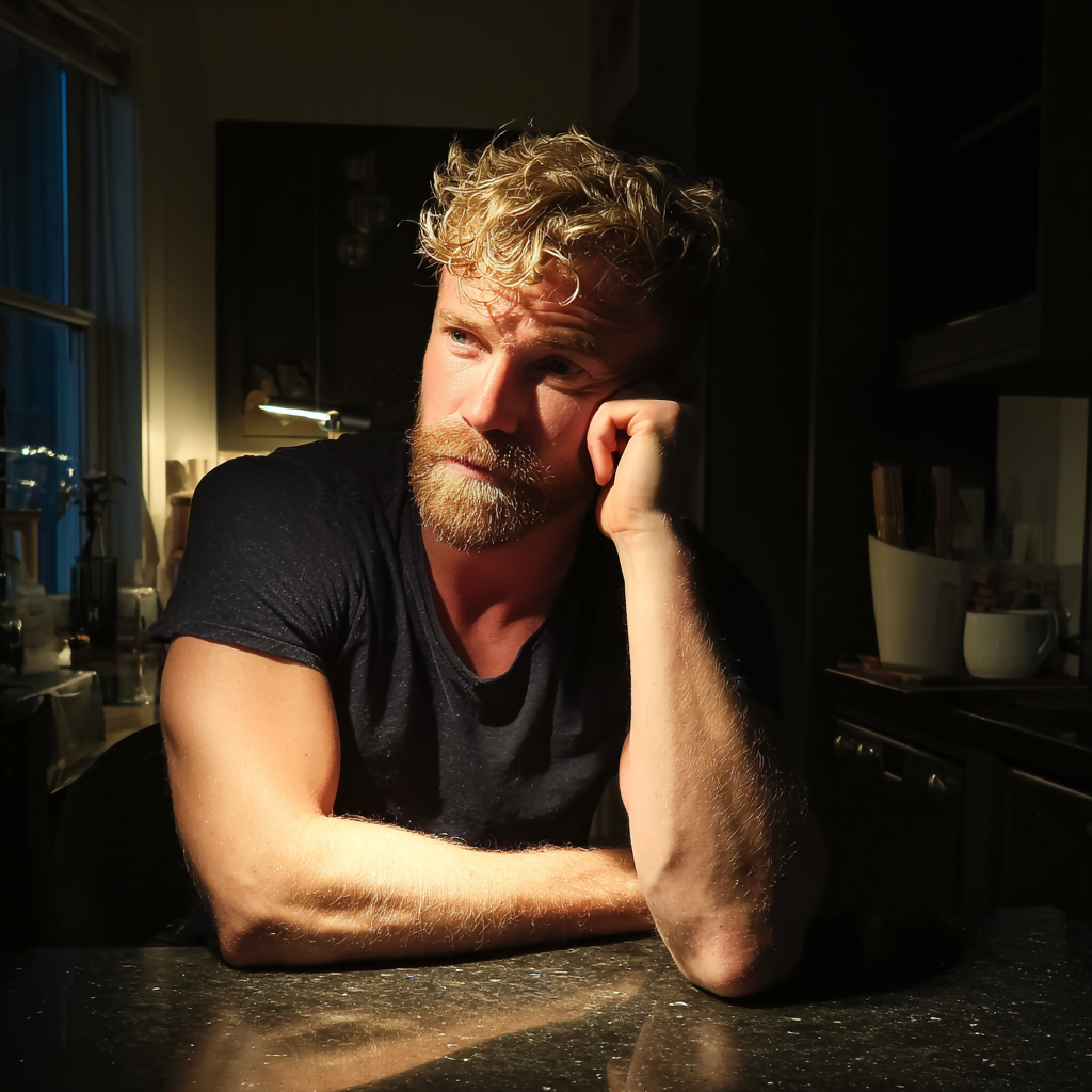 A man leaning against a kitchen counter | Source: Midjourney