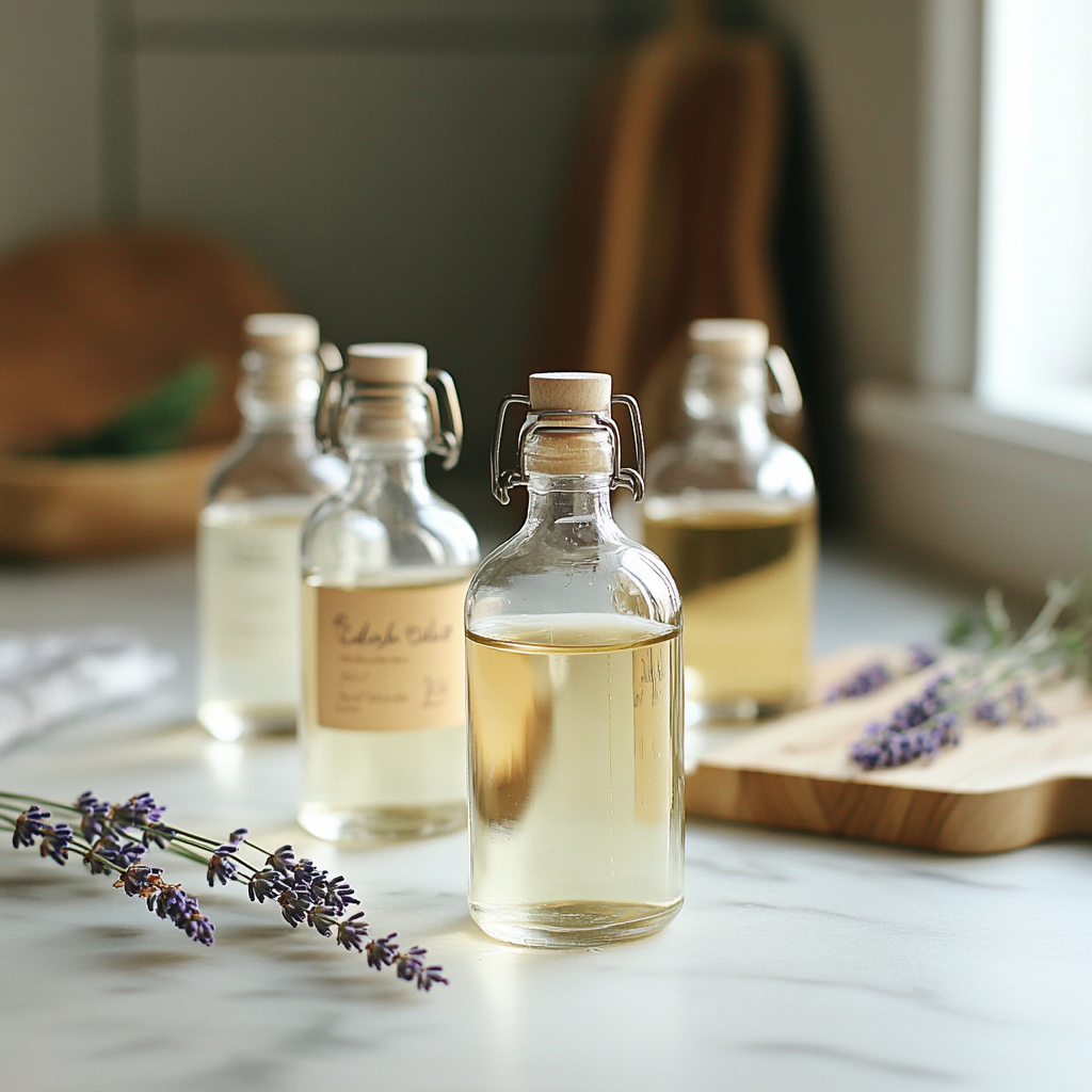 Glass bottles on a counter | Source: Midjourney