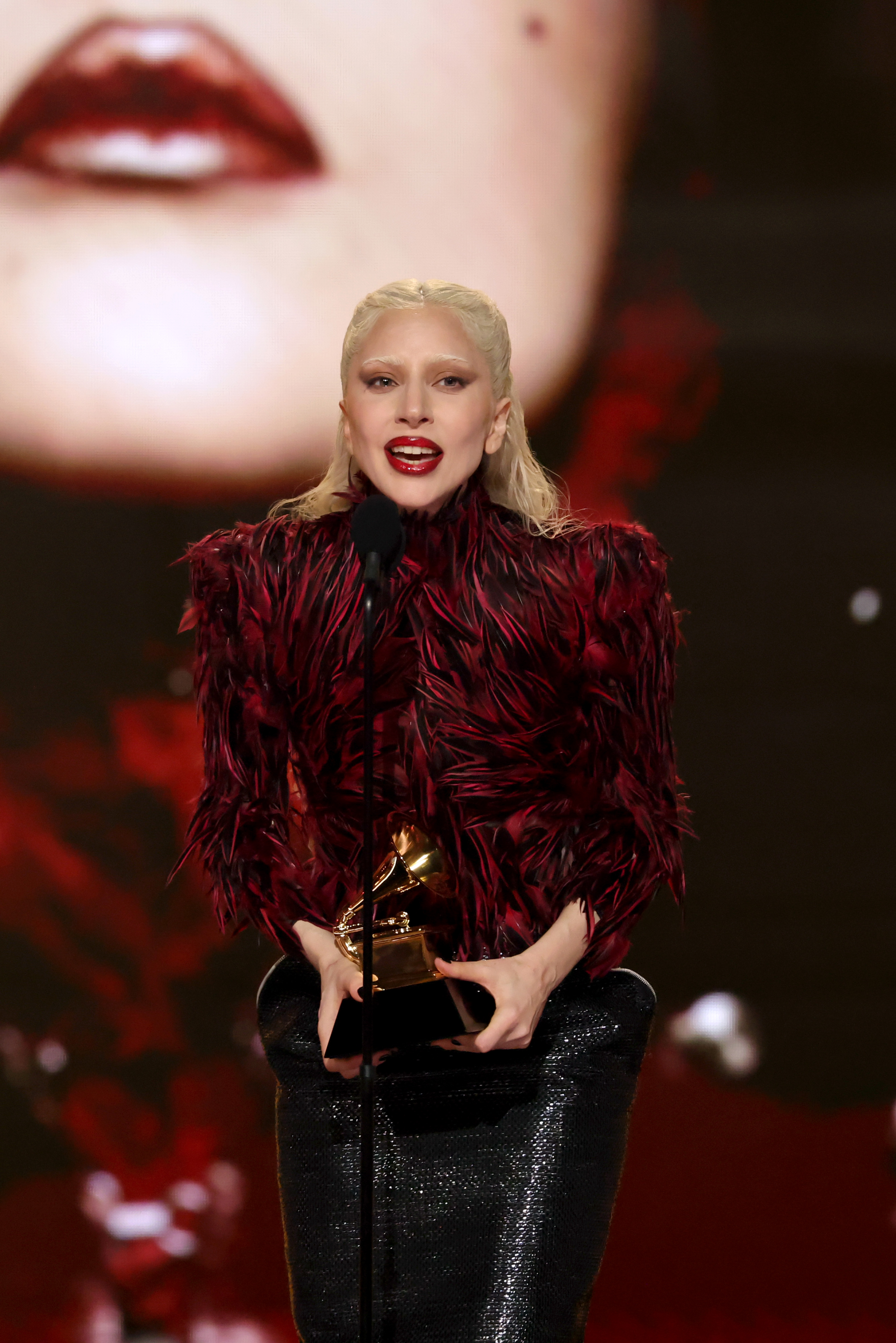 Lady Gaga takes the stage to accept her award for Best Pop Vocal Album for "Mayhem" onstage during the 68th Grammy Awards in Los Angeles, California on February 1, 2026. | Source: Getty Images