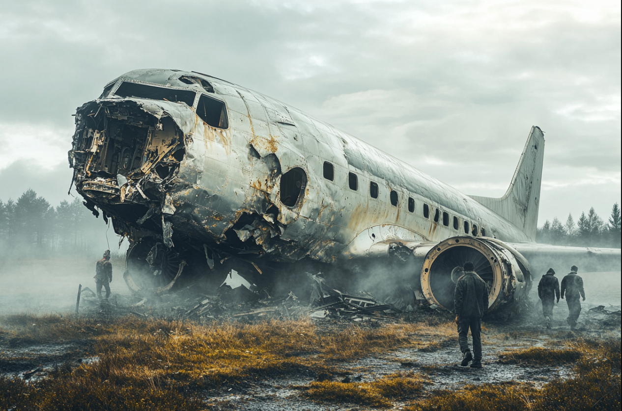 Survivors walking around the wreckage of a crashed plane | Source: Midjourney