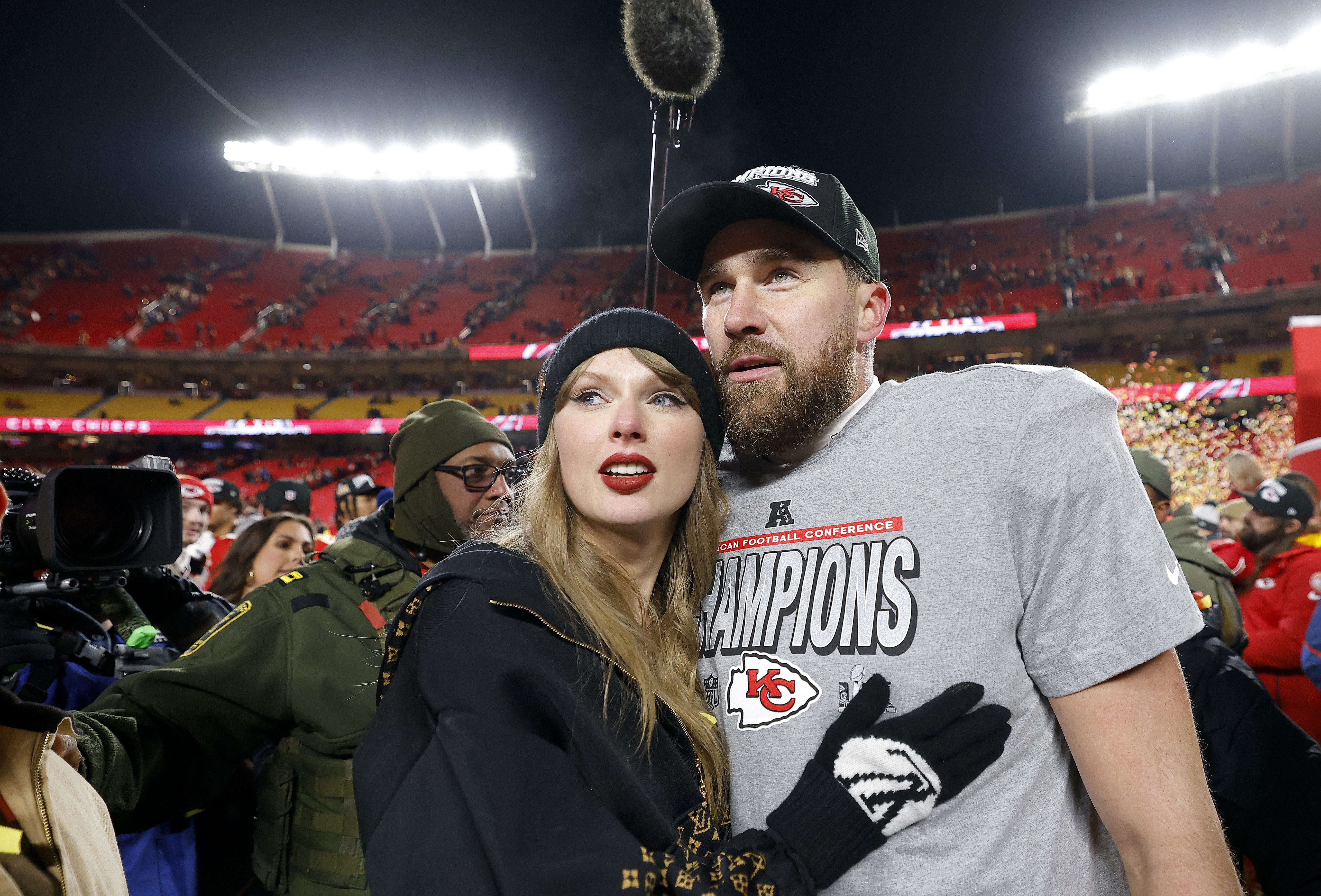 Taylor Swift and Travis Kelce celebrating after defeating the Buffalo Bills 32-29 in the AFC Championship Game at GEHA Field at Arrowhead Stadium on January 26, 2025, in Kansas City, Missouri. | Source: Getty Images