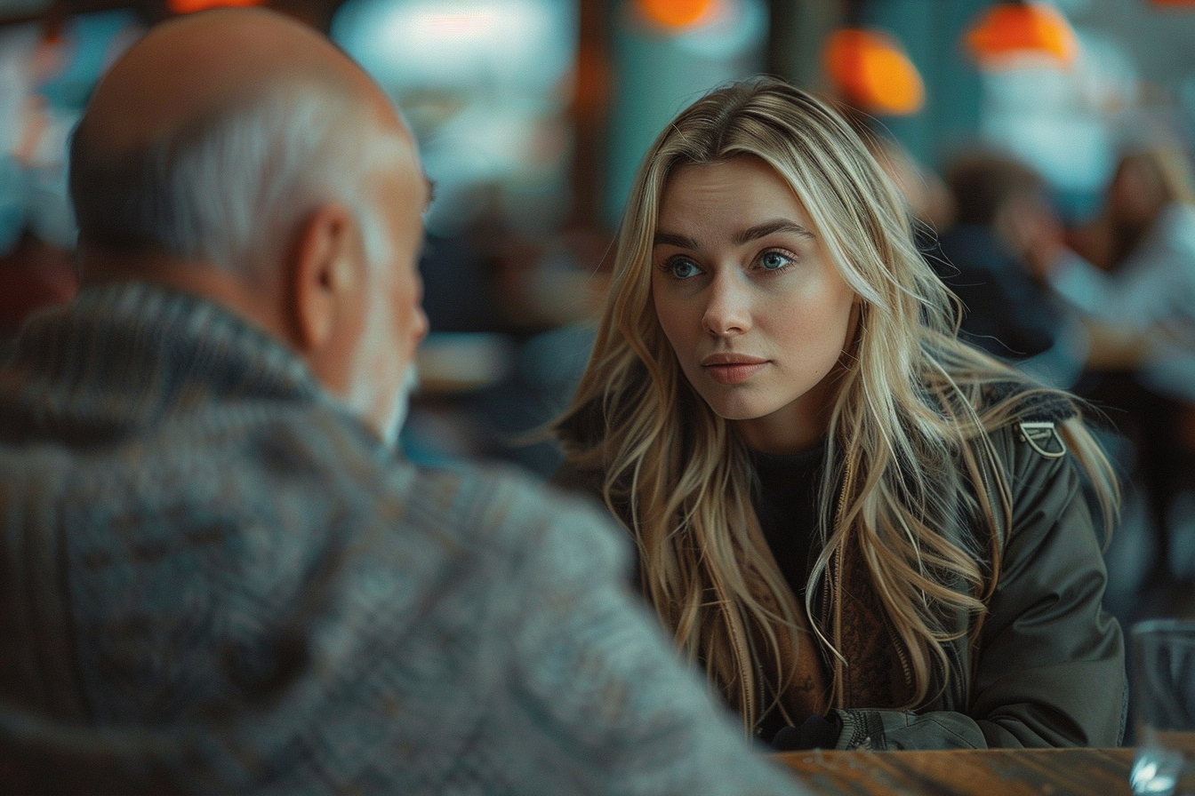 A woman talking to a man in a restaurant | Source: Midjourney