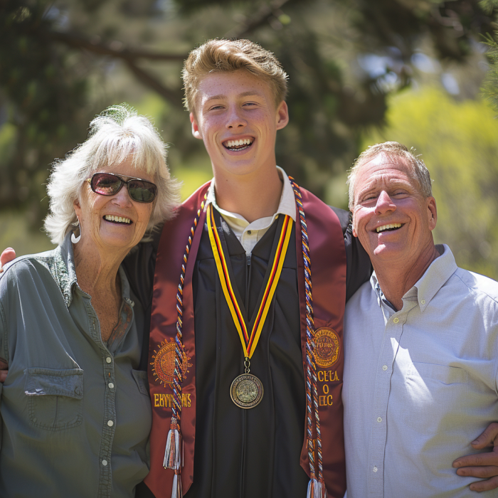 A young man posing for a picture with his parents on his graduation day | Source: Midjourney