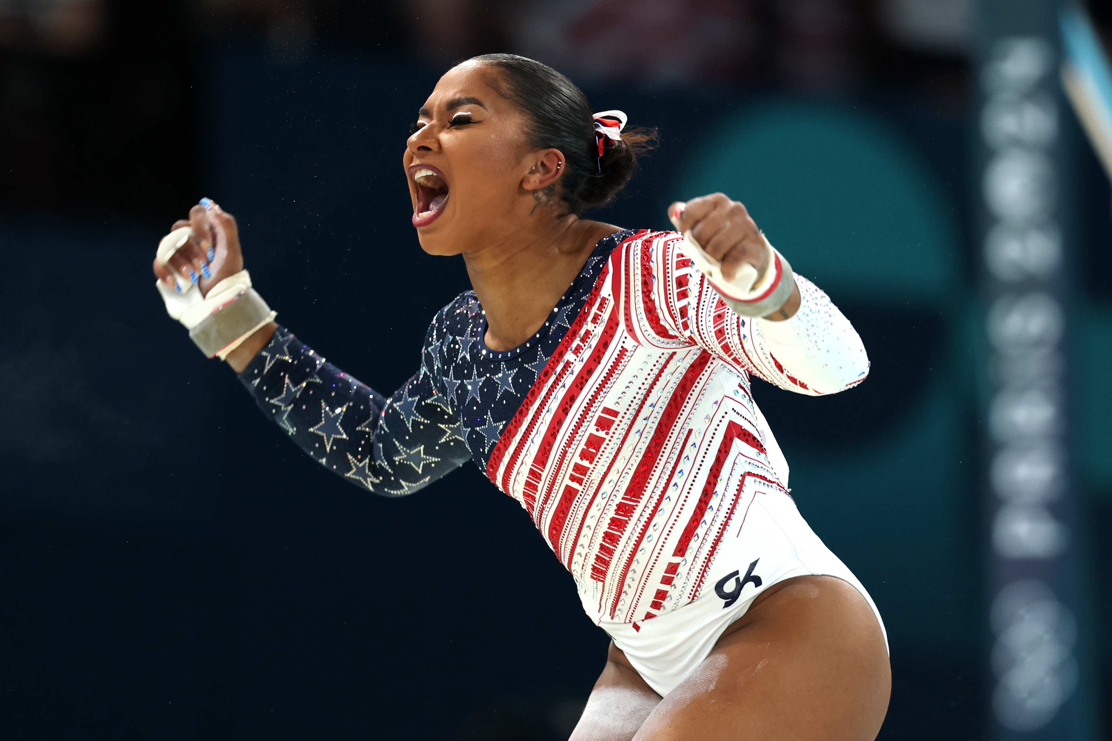 Jordan Chiles reacts after her uneven bars routine during the Women’s Team Final at the 2024 Paris Olympics on July 30, 2024 | Source: Getty Images