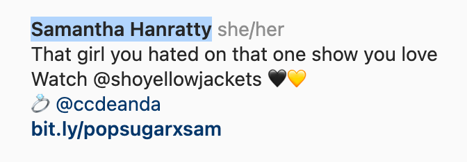 Screenshot of Samantha Hanratty's Instagram bio from March 23, 2023. | Source: Instagram.com/sammihanratty