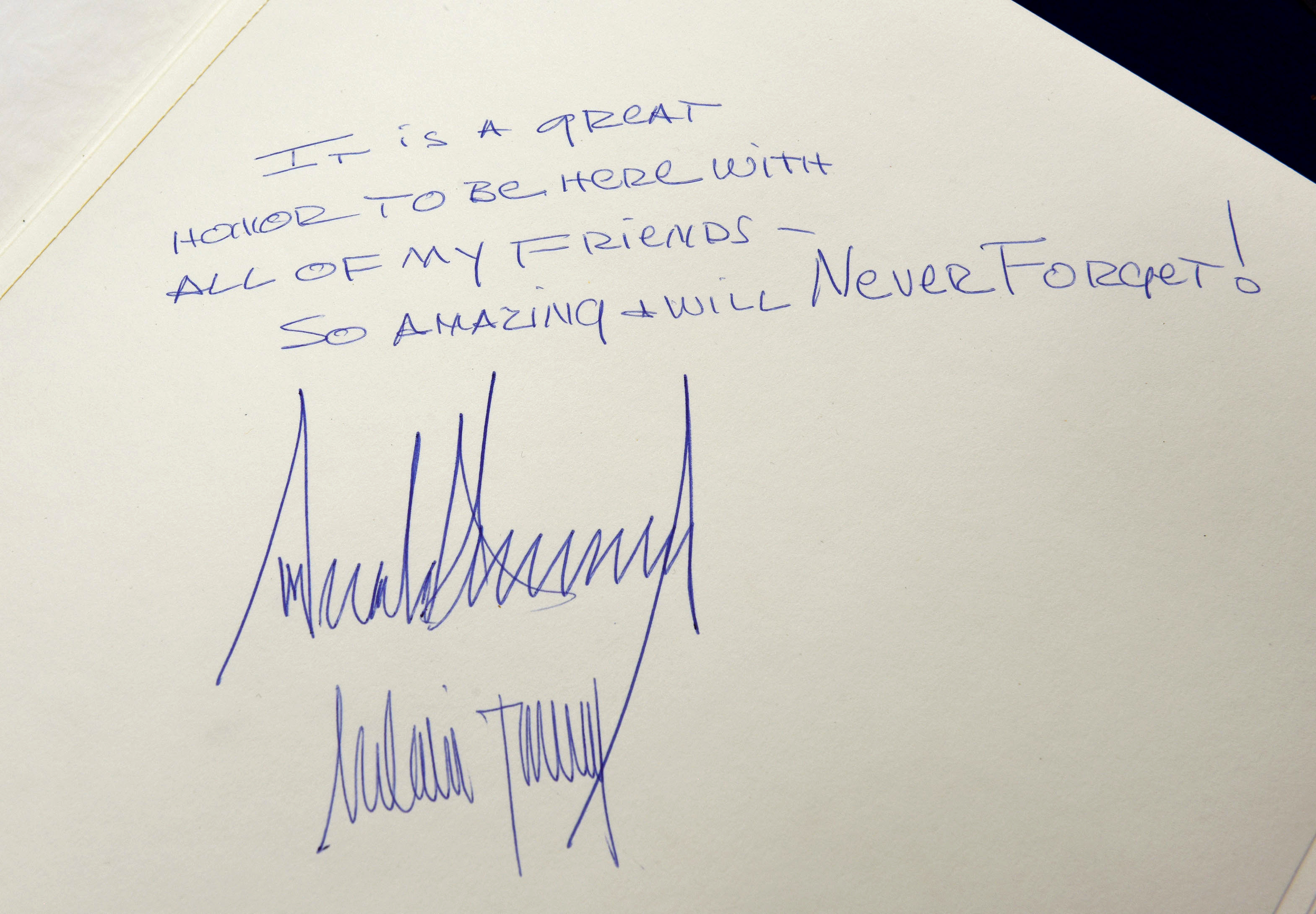 A guest book message written by Donald Trump, and accompanied by his and Melania Trump's signatures, signed in Jerusalem, Israel on May 23, 2017. | Source: Getty Images