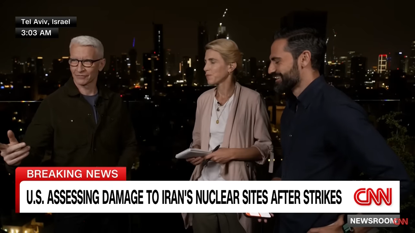 Anderson Cooper, Clarissa Ward, and Jeremy Diamond after an air raid alert during a live broadcast in Tel Aviv, Israel, from a video dated June 23, 2025 | Source: YouTube/CNN