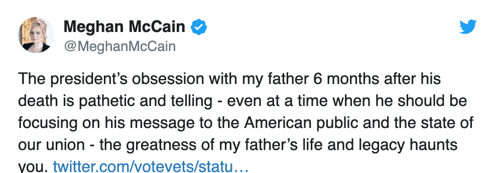 Meghan McCain fires back at Donald Trump after he said that her father John McCain’s book “bombed.” Source: Twitter/Meghan McCain