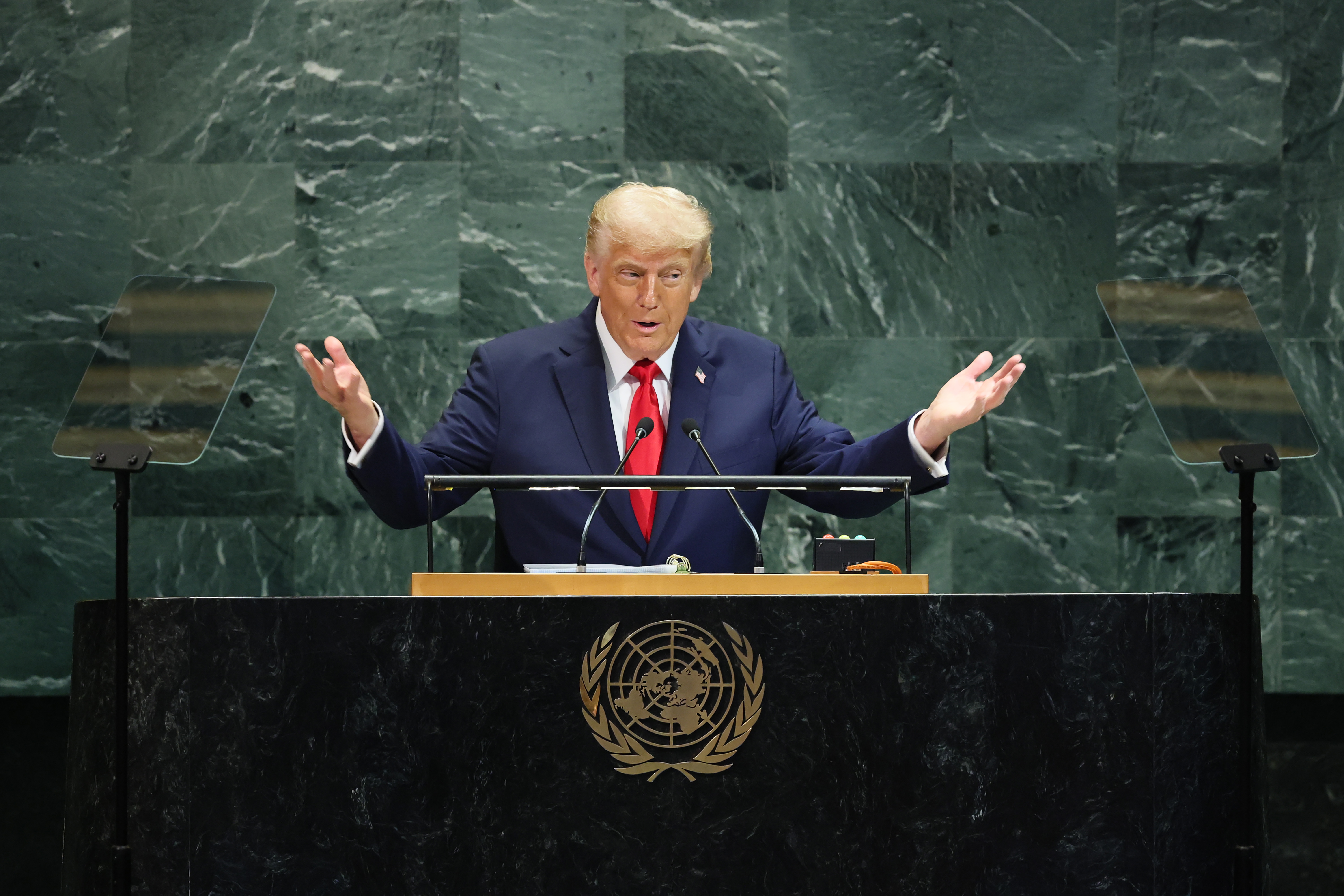 Donald Trump speaks during the United Nations General Assembly (UNGA) at the United Nations headquarters on September 23, 2025 in New York City | Source: Getty Images