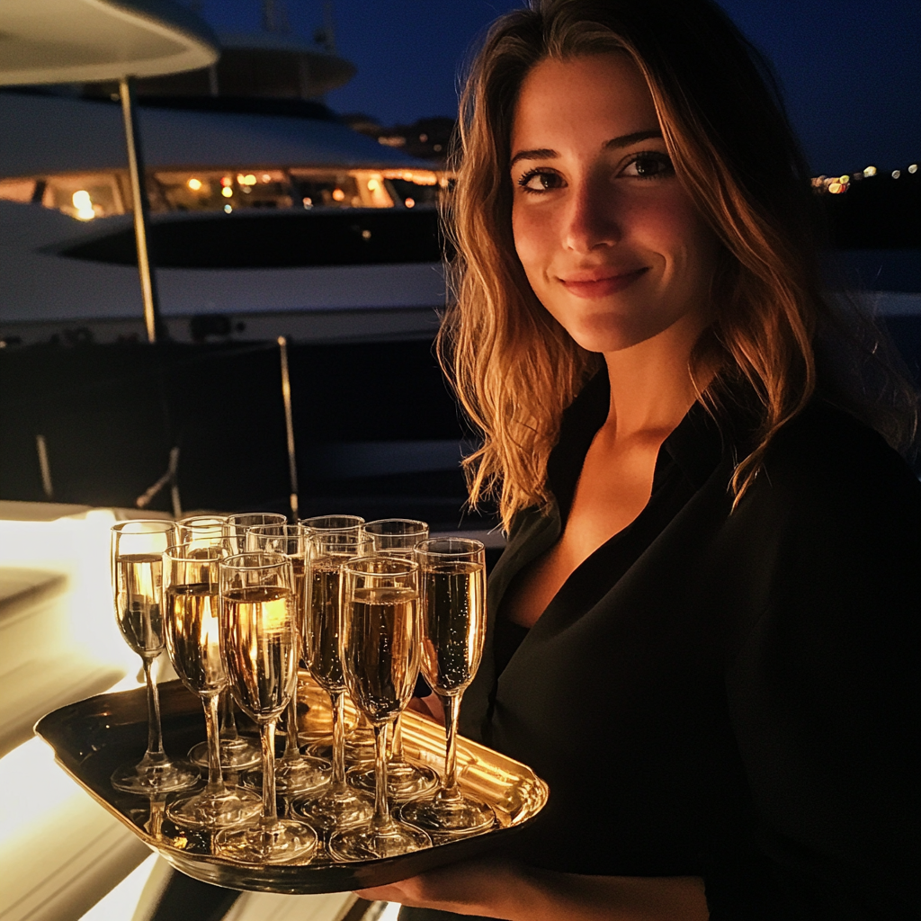 A woman holding a tray of champagne glasses | Source: Midjourney