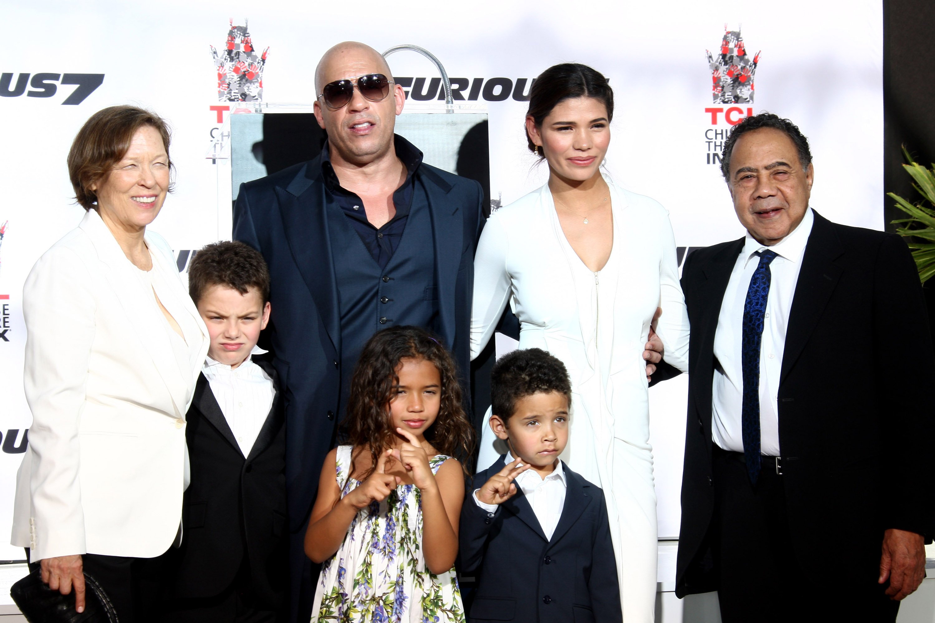 Vin Diesel and family at the TCL Chinese Theatre IMAX hand/footprint ceremony honoring Vin Diesel in 2015, in Hollywood, California. | Source: Getty Images