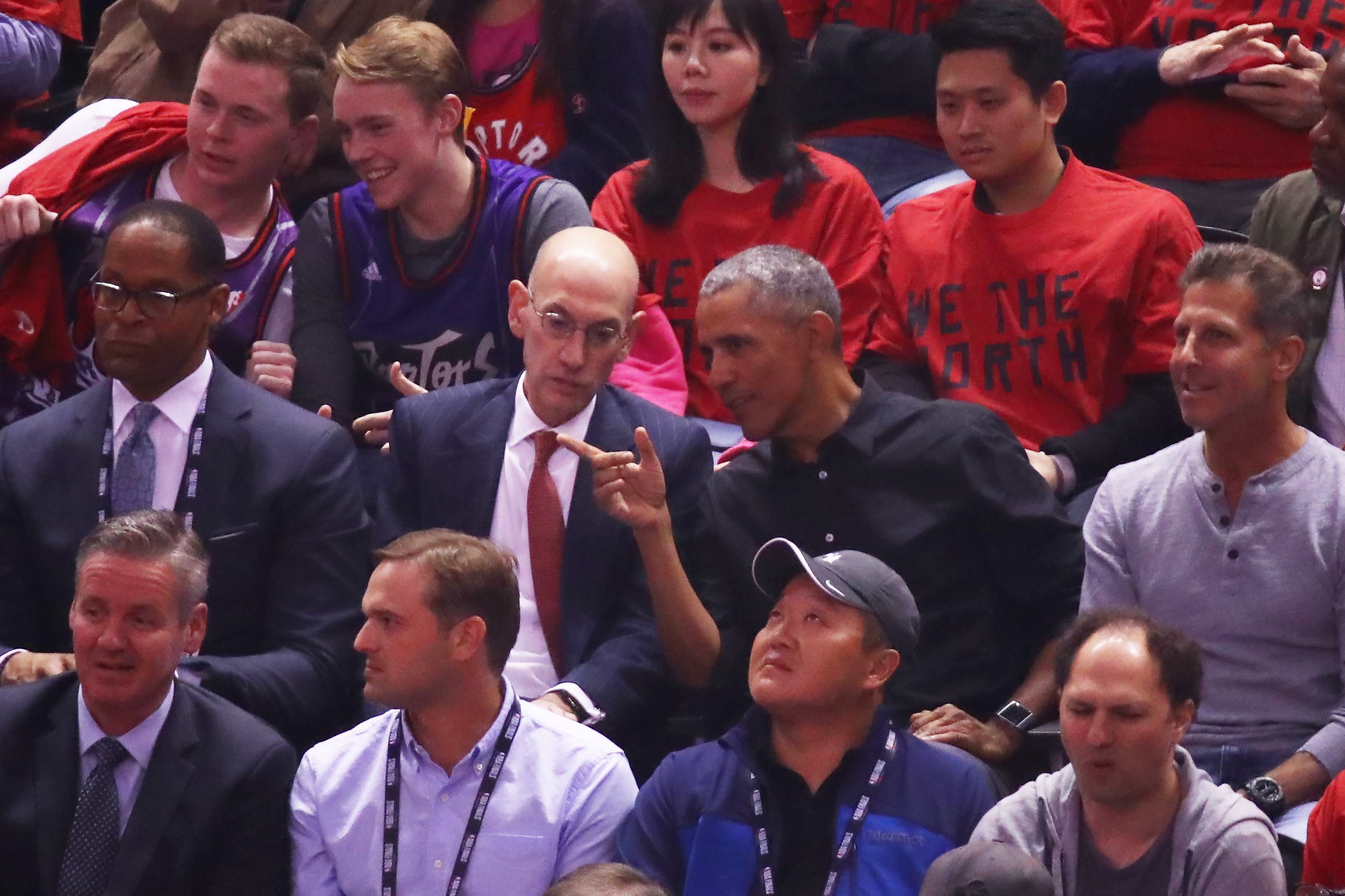 Barack Obama sitting next to NBA Commissioner Adam Silver during Game Two of the 2019 NBA Finals at Scotiabank Arena in Toronto, Canada | Photo: Getty Images