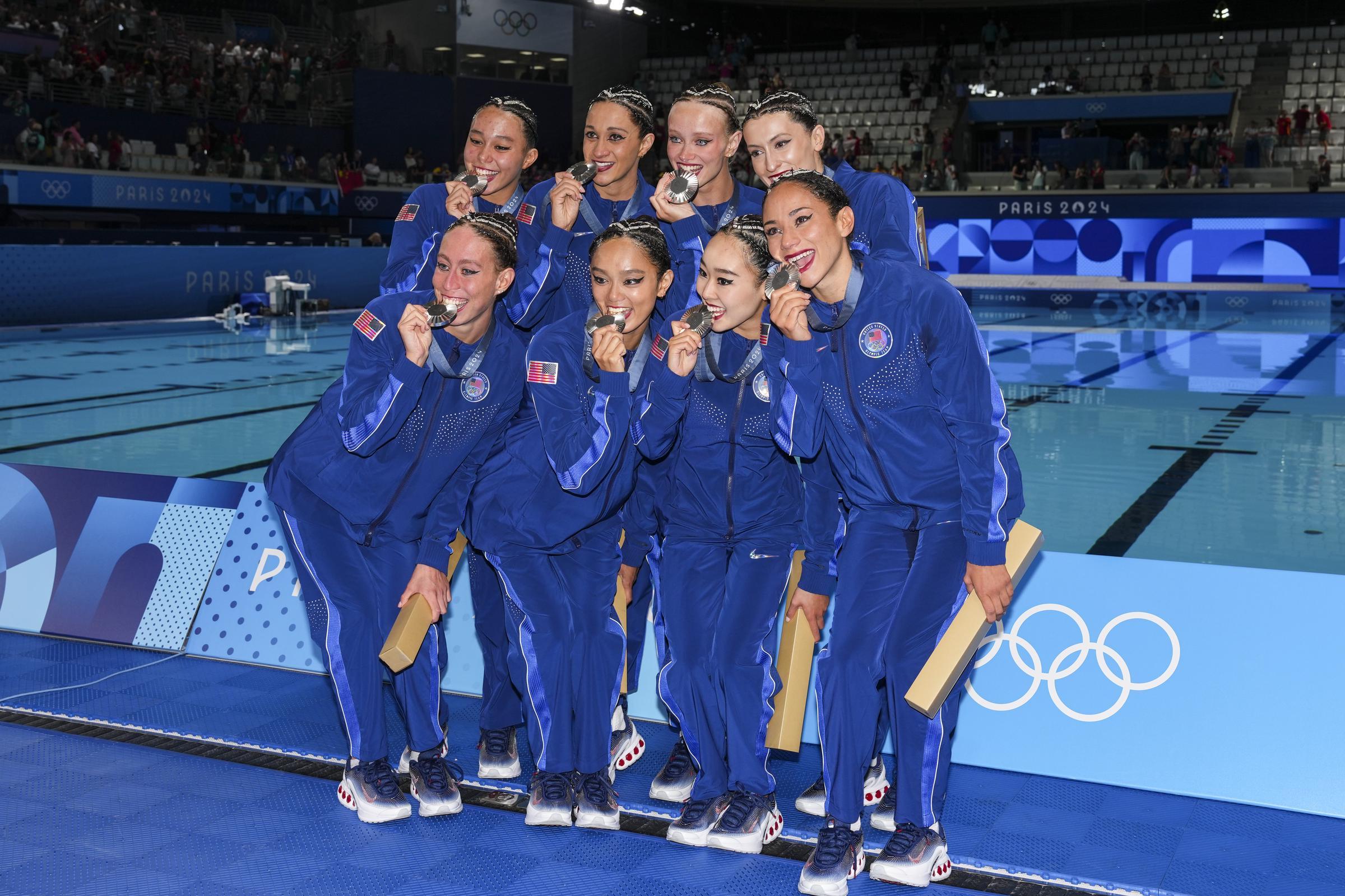 Silver medalists of Team USA pose after Team Acrobatic Routine of the Artistic Swimming during the Paris 2024 Olympics Games in Paris, France, on August 7, 2024. | Source: Getty Images