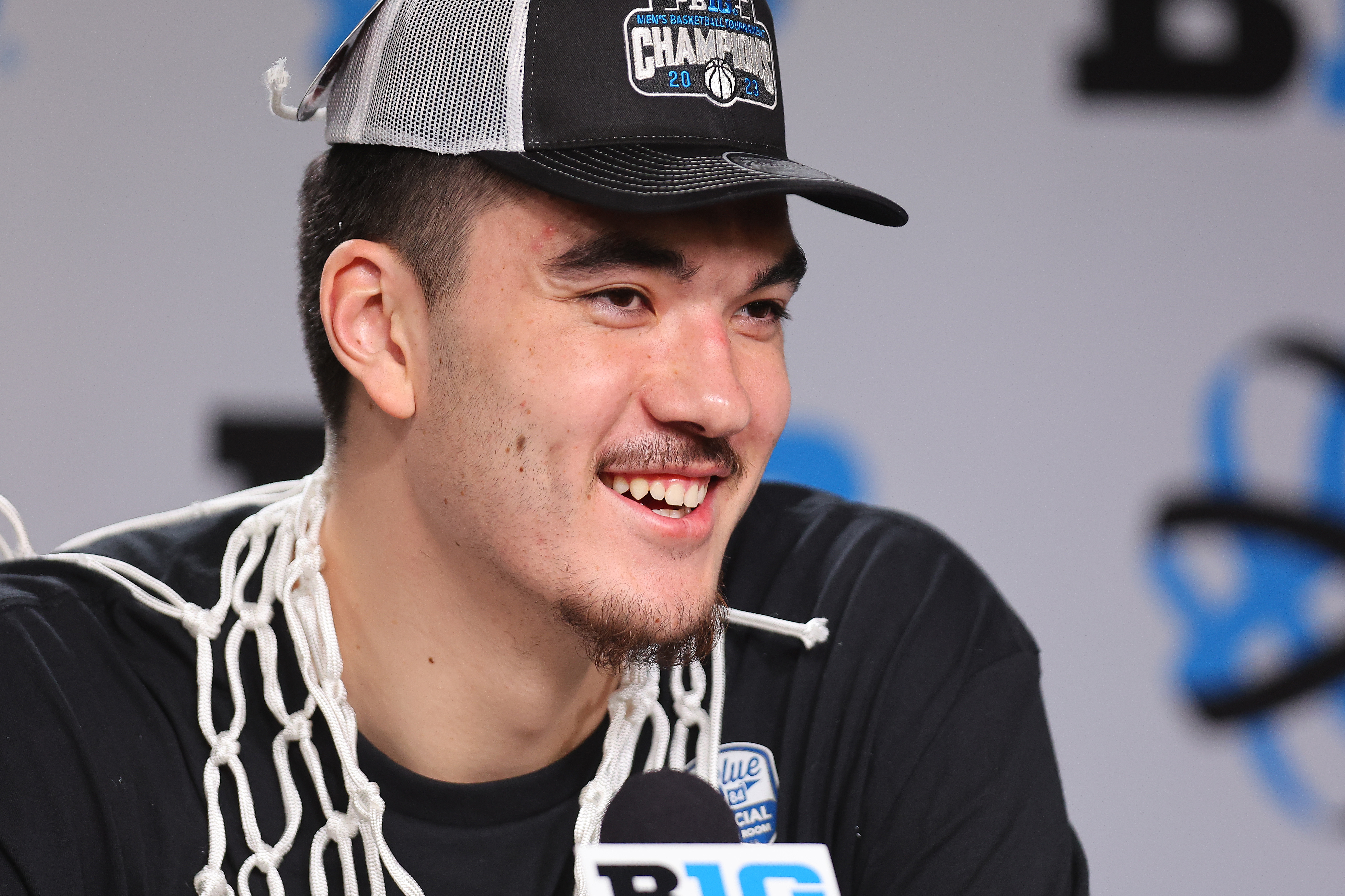 Zach Edey of Purdue University faces the media after defeating the Penn State Nittany Lions in the Big Ten Basketball Tournament Championship at United Center on March 12, 2023, in Chicago, Illinois. | Source: Getty Images