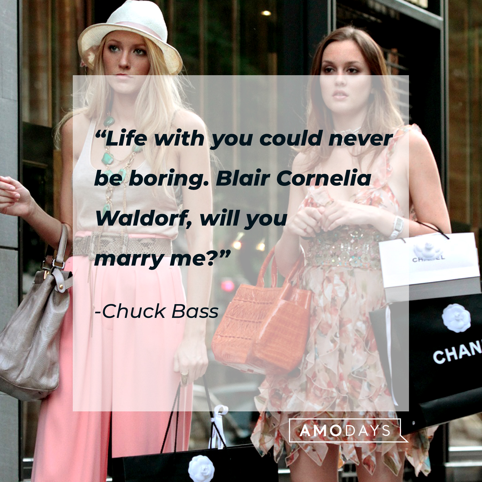 Characters from "Gossip Girl" with Chuck Bass's quote: ““Life with you could never be boring. Blair Cornelia Waldorf, will you marry me?” | Source: Facebook.com/GossipGirl