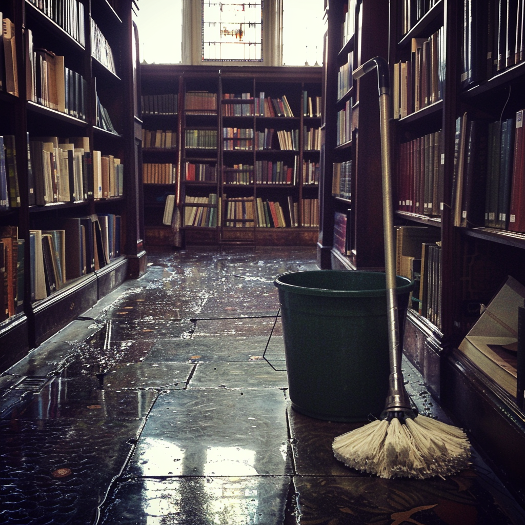 A mop and a bucket in a library | Source: Midjourney