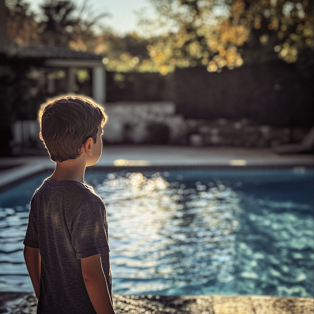 A young boy standing next to a swimming pool | Source: Midjourney