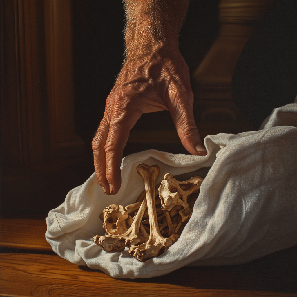 A man holding a bag of animal bones | Source: Midjourney