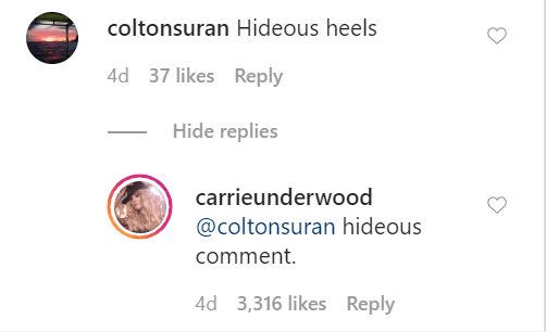 Carrie Underwood claps back at fan on March 6, 2020 | Photo: Instagram/carrieunderwood