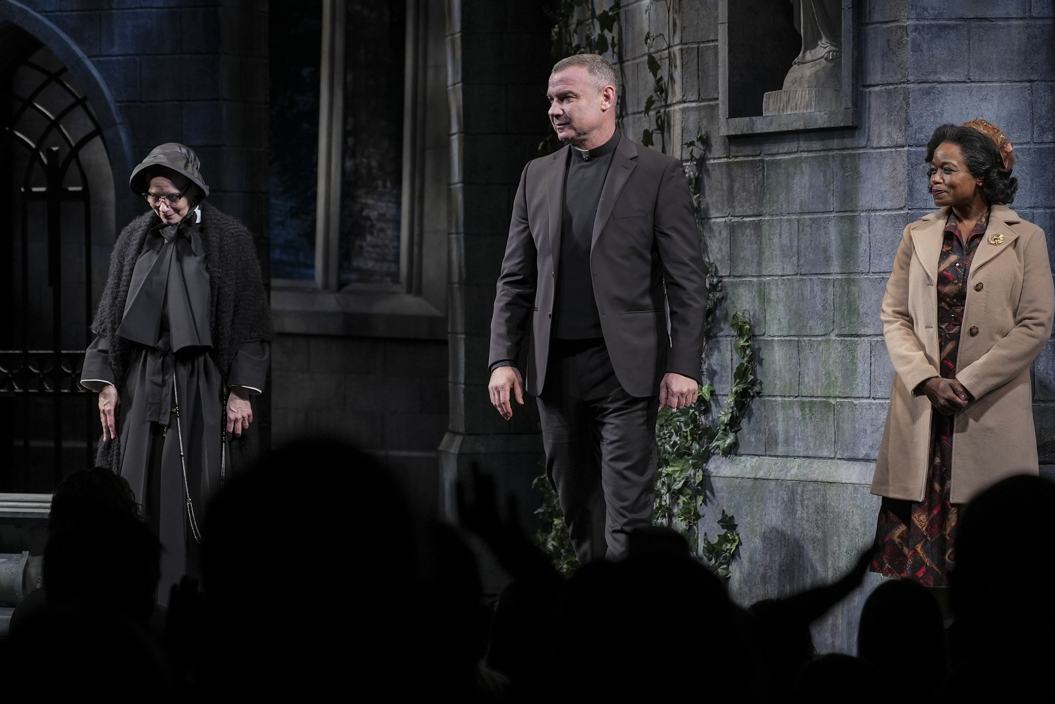 Zoe Kazan, Liev Schreiber, and Quincy Tyler Bernstine pose onstage during curtain call at "Doubt: A Parable" held at the Todd Haimes Theatre on February 29, 2024 in New York | Source: Getty Images