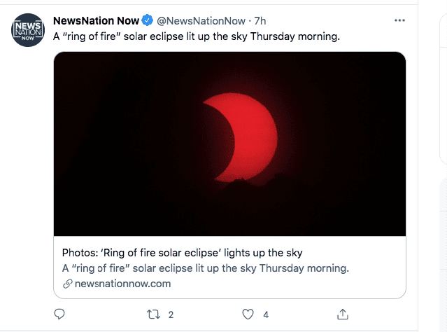 A screenshot of a 'ring of fire' solar eclipse | Photo: twitter.com/NewsNation Now